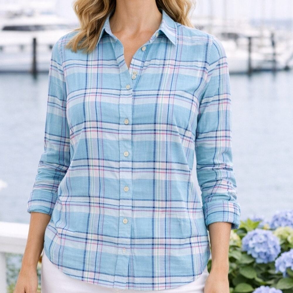 J McLaughlin Button Up Shirt Size 4 Blue Plaid Cotton Long Sleeve Classic